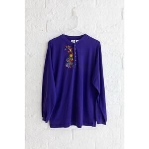 Vintage Disney Store Purple Winnie the Pooh Embroidered Henley Long Sleeve Shirt
